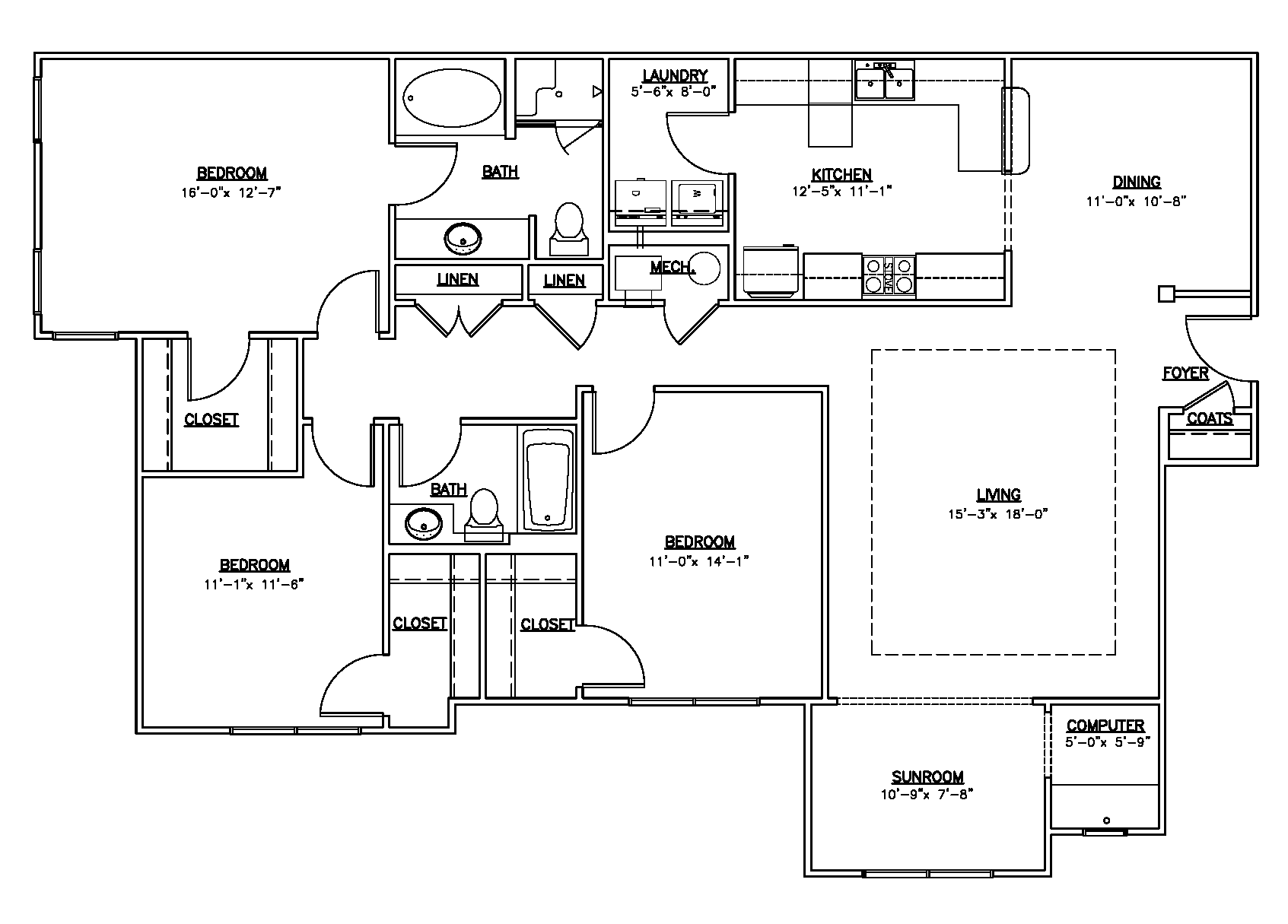 Floor plan for 3 beds, 2 baths, 1716 sqft